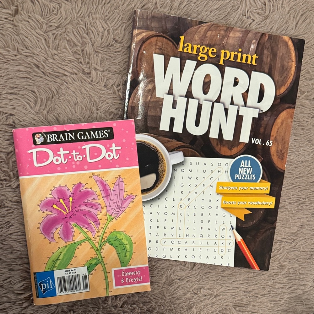 Brain Games Dot-to-Dot and Latge Print Word Hunt Puzzle Activity Books Set of 2